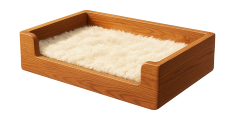 Rectangular wooden cat bed with faux fur lining, perfect for a cozy cottage bedroom.