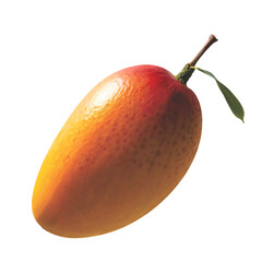 A single mango with a stem and leaf against a stark black background studio shot on transparent background