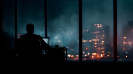 Silhouette of a professional working late on a laptop in a dark office with a rainy city skyline view at night