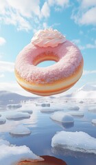 A pink doughnut with white cream floating in the air surrounded by ice floes and an arctic landscape under a blue sky with soft clouds