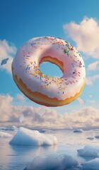 A huge doughnut with colorful sprinkles flying in the sky surrounded by icebergs floating on an icy sea under blue skies with a snowy background