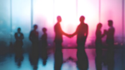 Abstract silhouettes of a business team shaking hands in a modern office with vibrant colorful lighting