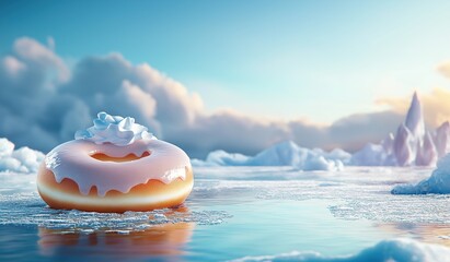 A doughnut with glaze and cream on top floating in the middle of an icy sea surrounded by icebergs under a blue sky with soft clouds