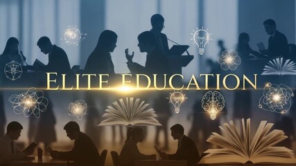 Elite Education: Silhouettes of Students Learning and Books with Glowing Orbs.