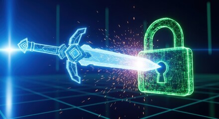 Glowing blue digital sword striking a green digital padlock with sparks security cyber security