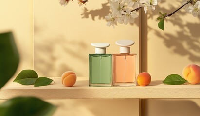 A mockup of two glass perfume bottles with white caps in green and orange colors displayed on an elegant shelf with peaches and blossoming flowers