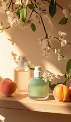 Skin care products in glass bottles with peaches and apricot blossoms on a table featuring soft sunlight and light green tones in a minimalist style