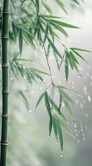A bamboo tree with water droplets on its leaves against a blurred green background with light gray color scheme creating an atmosphere of tranquility and harmony