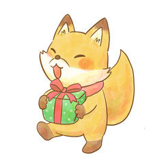 Watercolor Fox with Christmas Gift Illustration / 水彩風プレゼントを持つキツネのイラスト