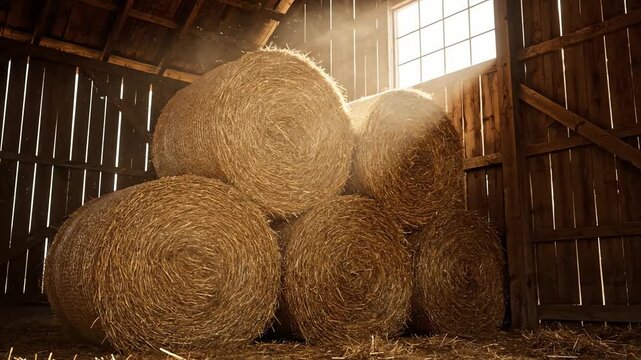 Serene Hay Bale Stacks in Rustic Barn with Gentle Sunlight Streaming Through Windows, Creating a Warm and Inviting Atmosphere