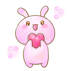 Watercolor Fancy Bunny Holding a Heart / 水彩タッチのファンシーなハートを持つうさぎのイラスト