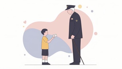 Young boy handing a Veterans Day card to an elderly veteran figure, minimalist background with soft pastel shapes, honoring military service and remembrance