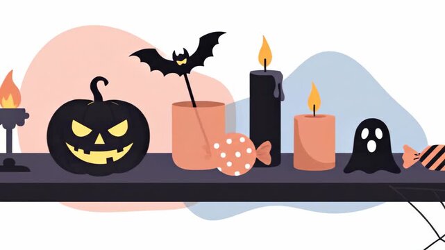 Halloween candy table with spider web decoration in pastel background, spooky festive display for Halloween celebration