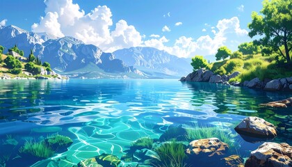 Obraz premium A tranquil, picturesque seascape with crystal-clear turquoise waters. Mountains rise in the distance, framed by verdant hills. Fluffy clouds dot a bright blue sky