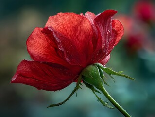 A vibrant red rose glistens with dew drops in a close up ro photograph