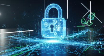 Glowing blue digital padlock with intricate gears and circuit board patterns digital security cybersecurity