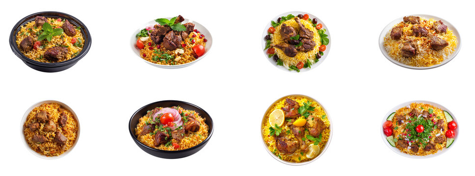 Delicious lamb kabsa dish isolated. arabic rice set