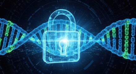 Glowing blue padlock superimposed on a digital D N A helix with circuit board background security