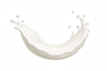 White liquid splash creating an arc shape with flying drops, representing freshness, dairy products, and healthy drinks
