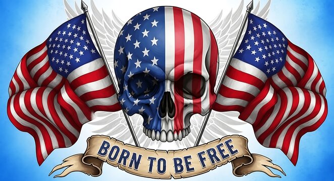Skull with american flag design, born to be free, patriotic symbol illustration