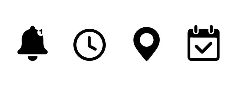 Set of four black icons representing notification time location and calendar