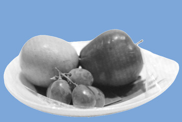 close up of apple, grape and orange fruit on plate pixelate grayscale color halftone dotted texture style collage element isolated on blue background