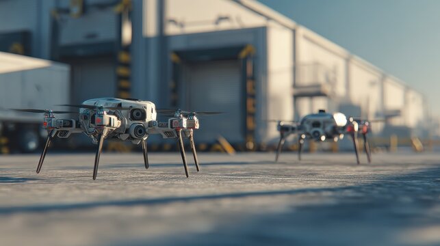 Drones Preparing for Takeoff at an Industrial Facility Under Clear Blue Sky