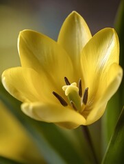 Close up view of a vibrant yellow tulip in full bloom showcasing its delicate petals and intricate center