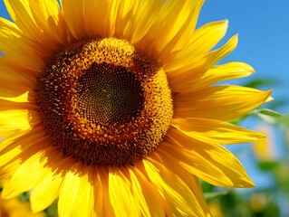 A vibrant close up view of a bright yellow sunflower in full bloom against a clear blue sky