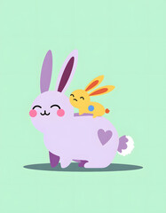 Obraz premium Cute cartoon illustration of a mother rabbit with a baby bunny on its back