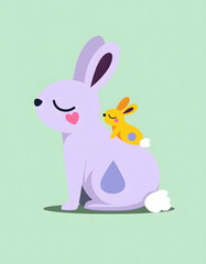 Cute illustration of a mother bunny with her baby on a soft green background