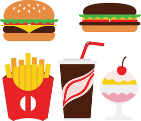 Delicious fast food meal burger fries soda dessert flat icons vector