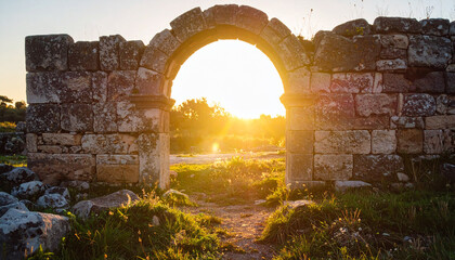 Ancient weathered stone archway glowing in warm golden sunset light, mystical ruins