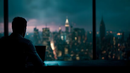 Silhouette of a businessman at a desk with a laptop gazing at a sprawling city skyline illuminated at night through an office window