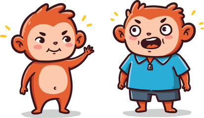 Cartoon monkey characters, playful expressions, kid-friendly design, surprised reaction, waving gesture, fantasy animals, colorful illustration, cute style, fun concept, humor