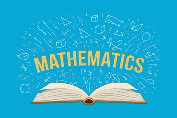 Mathematics Learning Concept with Open Book and Doodle Symbols