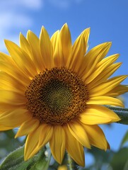 Naklejka premium A vibrant yellow sunflower in full bloom its golden petals radiating against a clear blue sky