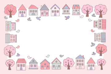 Cute Cartoon House and Spring Tree Border Frame Illustration