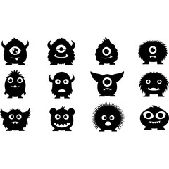 Collection of Twelve Cute Black Monster Icons with Various Expressions.