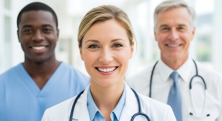 Fototapeta premium Smiling medical team consisting of doctor and nurse standing in hospital hallway