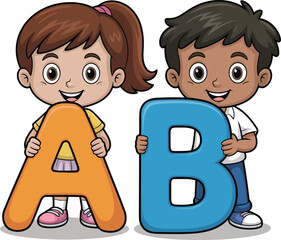 Cartoon Kids Holding Alphabet Letters A and B for Education
