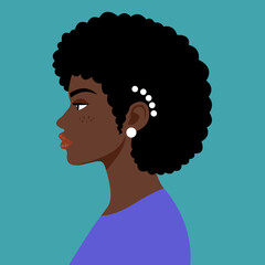 Chic black woman afro profile with pearl hair clip vector portrait