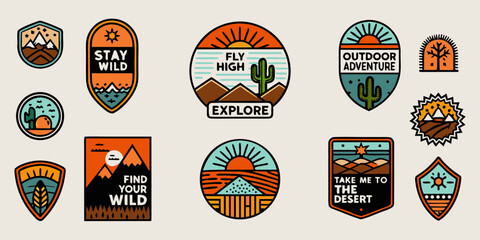 Collection of retro style outdoor adventure patches featuring mountains deserts and inspirational quotes