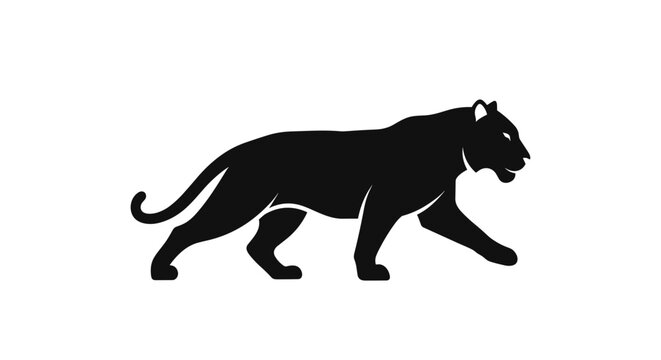 Black panther silhouette prowling forward on white background.