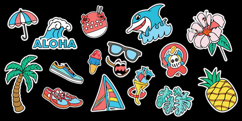 Collection of colorful cartoon summer vacation and beach themed stickers on a black background