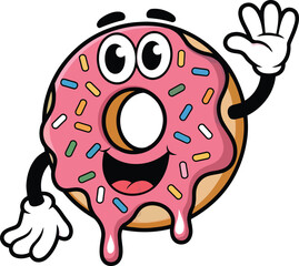 Happy Cartoon Donut Mascot with Pink Sprinkles Waving