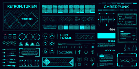 Retro futurism and cyberpunk digital interface elements with warning and error messages on a dark background