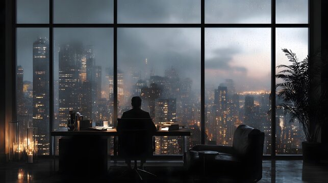 Silhouette of a person working late at a desk in a modern office with a rainy city skyline view at dusk