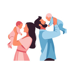 Happy parents holding their babies up in the air.