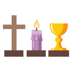 Set of Christian religious symbols with cross candle and chalice.